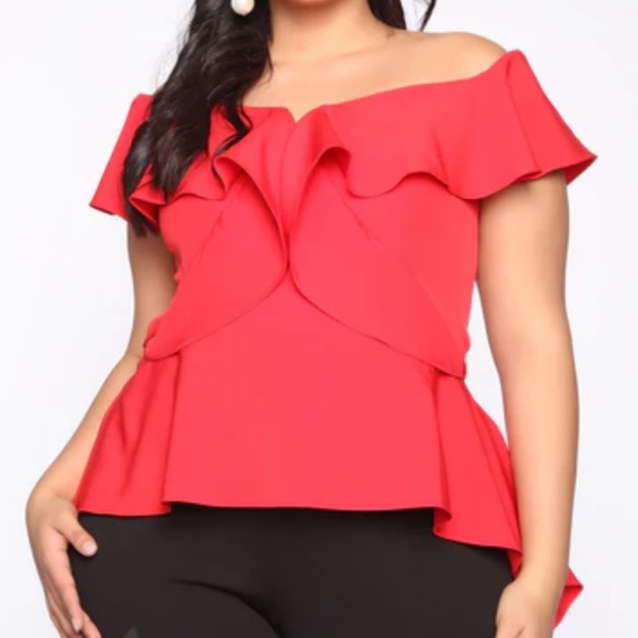Red structured high low peplum corset top with off shoulder flounce sleeves - Picture 1 of 7
